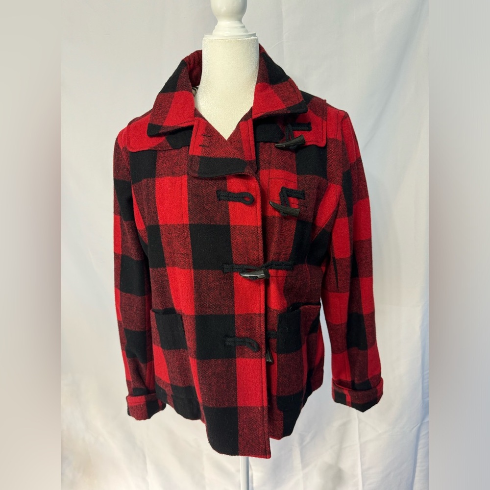 GARNET HILL Women Wool Pea Coat Jacket Sz 10 Buffalo Plaid Coat Toggle Close